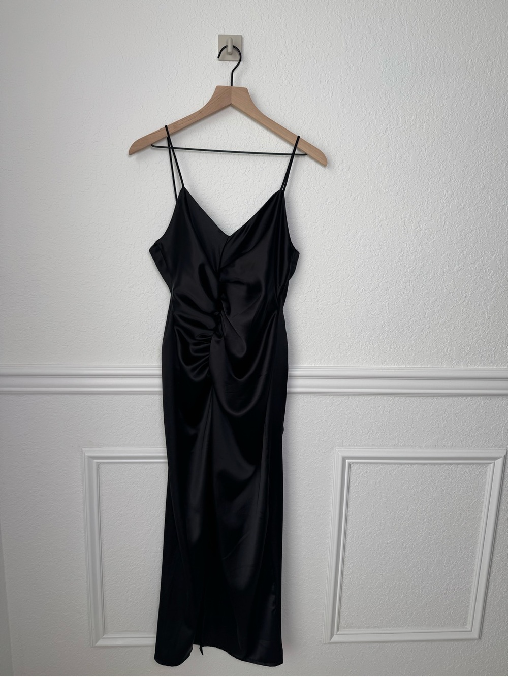 Zara Black Satin Ruched Draped Maxi Dress Size L